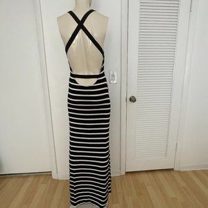 Bebe very low back black & white striped long dress, Sz S/M